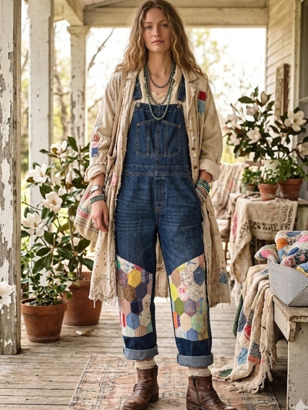 Upcycled Quilted Patchwork Denim Overalls Size 12